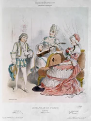 Mademoiselle Reichemberg mint Cherubin, Mademoiselle Croizette mint Suzanne és Mademoiselle Broisat a grófnő szerepében Pierre-Augustin Caron de Beaumarchais (1732-99) Figaro házasságában (színes)